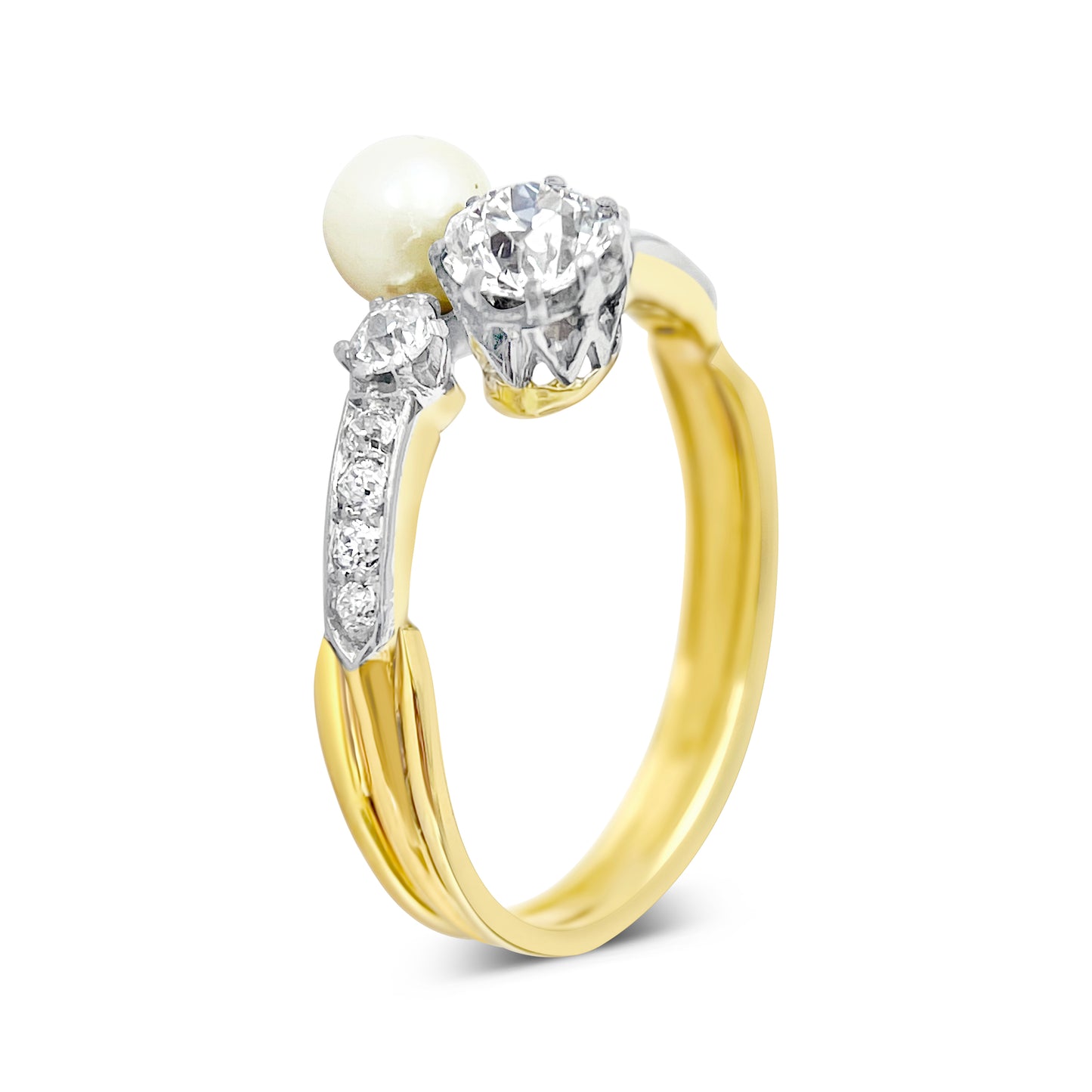 Ring set with round brilliant diamonds and accent pearl - Yellow Gold - Bodega