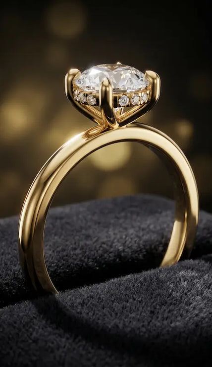 Side view of 4-claw round cut engagement ring with hidden halo in 18kt yellow gold