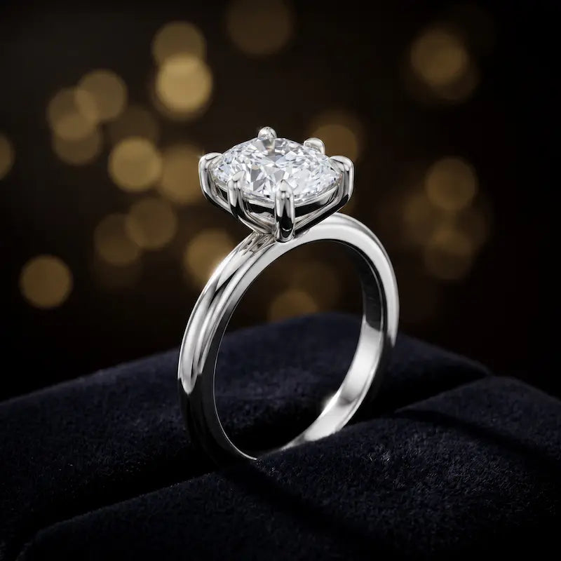 1.5 carat cushion cut diamond solitaire engagement ring in an 18kt white gold 6 claw setting presented in a TJ Diamond ring box