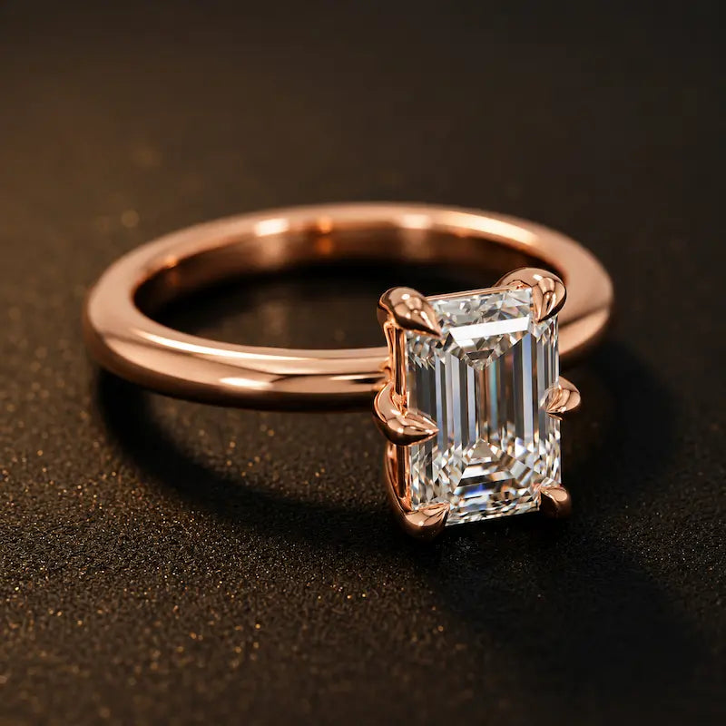 Angled view of a 1.5 carat emerald cut diamond solitaire engagement ring in an 18kt rose gold 6 claw setting by TJ Diamond