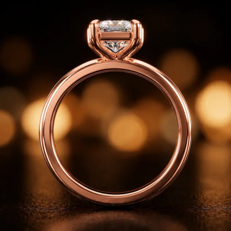 Front-on view of a 1.5 carat emerald cut diamond solitaire engagement ring showing the full 18kt rose gold band and 6 claw cathedral setting by TJ Diamond