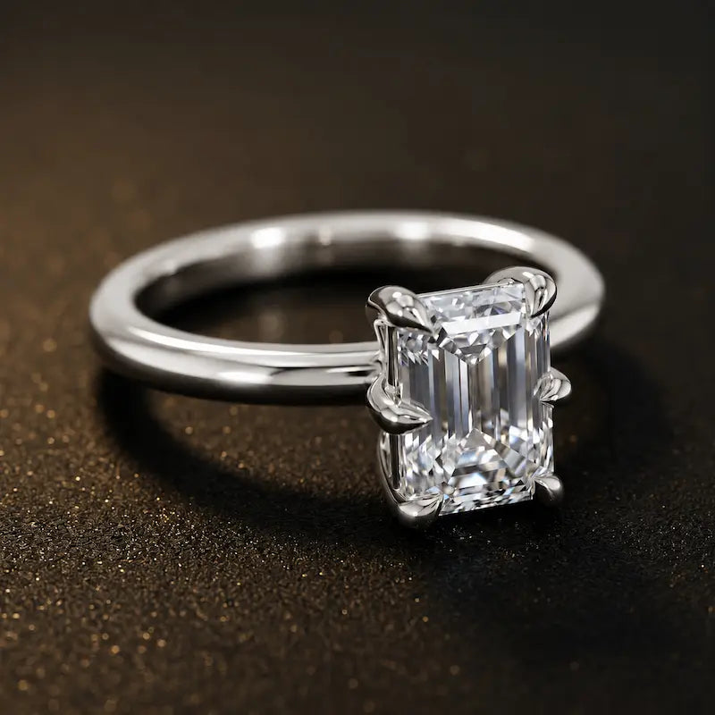 Angled view of a 1.5 carat emerald cut diamond solitaire engagement ring in an 18kt white gold 6 claw setting by TJ Diamond