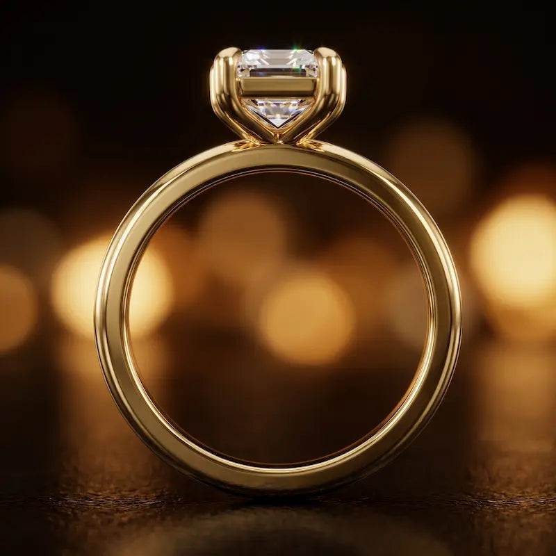 Front-on view of a 1.5 carat emerald cut diamond solitaire engagement ring showing the full 18kt yellow gold band and 6 claw cathedral setting by TJ Diamond