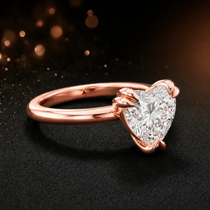 Angled side view of a 1.5 carat heart cut diamond solitaire engagement ring in an 18kt rose gold 6 claw setting by TJ Diamond
