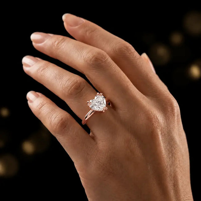 1.5 carat heart cut diamond solitaire engagement ring in an 18kt rose gold 6 claw setting worn on a hand, by TJ Diamond