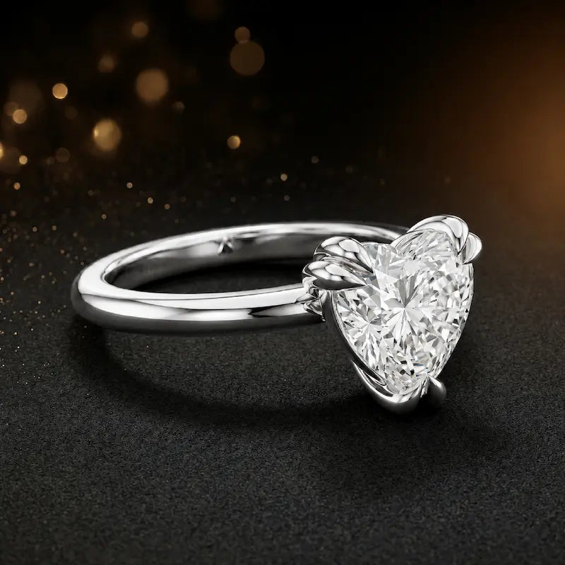 Angled side view of a 1.5 carat heart cut diamond solitaire engagement ring in an 18kt white gold 6 claw setting by TJ Diamond
