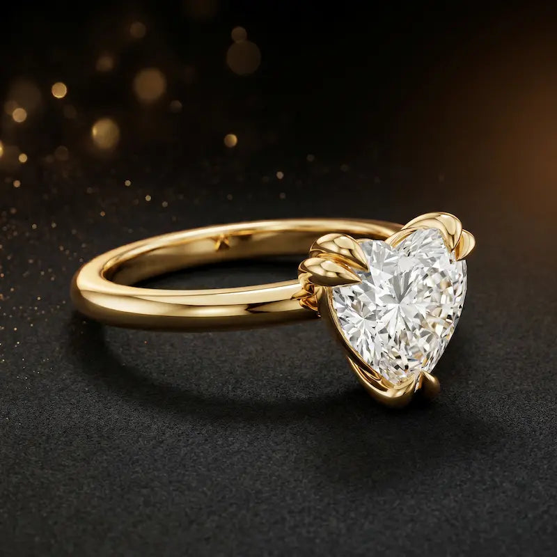 Angled side view of a 1.5 carat heart cut diamond solitaire engagement ring in an 18kt yellow gold 6 claw setting by TJ Diamond