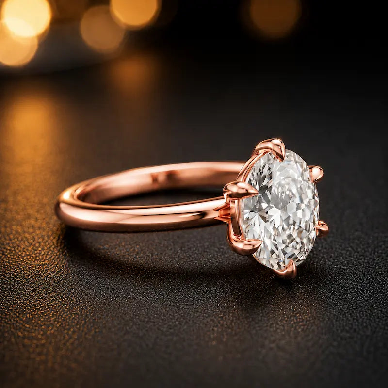 Front-on view of a 1.5 carat oval cut diamond solitaire engagement ring showing the full 18kt rose gold band and 6 claw cathedral setting by TJ Diamond