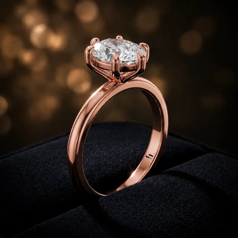 Angled side view of a 1.5 carat oval cut diamond solitaire engagement ring in an 18kt rose gold 6 claw setting by TJ Diamond