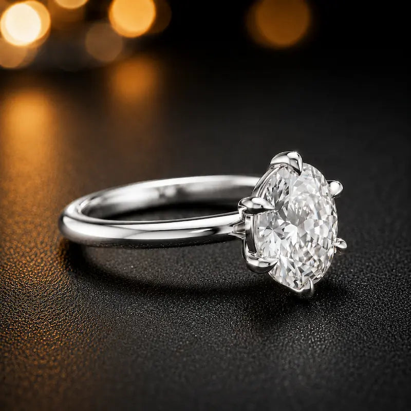 Angled side view of a 1.5 carat oval cut diamond solitaire engagement ring in an 18kt white gold 6 claw setting by TJ Diamond