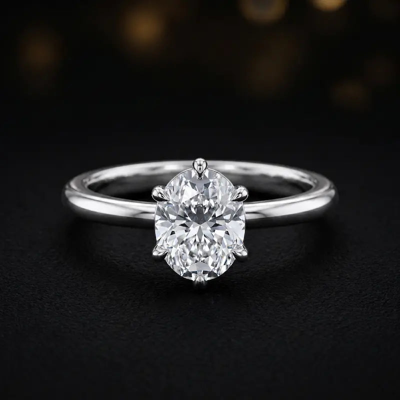 Front view of a 1.5 carat oval cut diamond solitaire engagement ring in an 18kt white gold 6 claw setting by TJ Diamond
