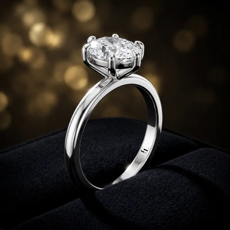 Front-on view of a 1.5 carat oval cut diamond solitaire engagement ring showing the full 18kt white gold band and 6 claw cathedral setting by TJ Diamond