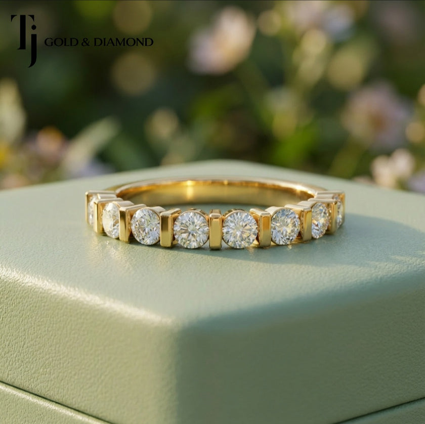 Bar Setting Half Eternity Diamond Wedding Band - 18K Yellow Gold