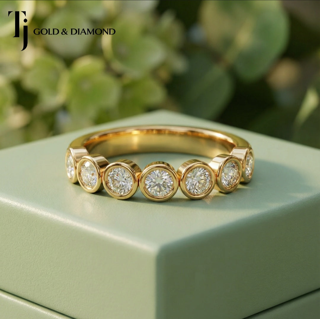 Bezel Setting Half Eternity Diamond Wedding Band - 18K Yellow Gold