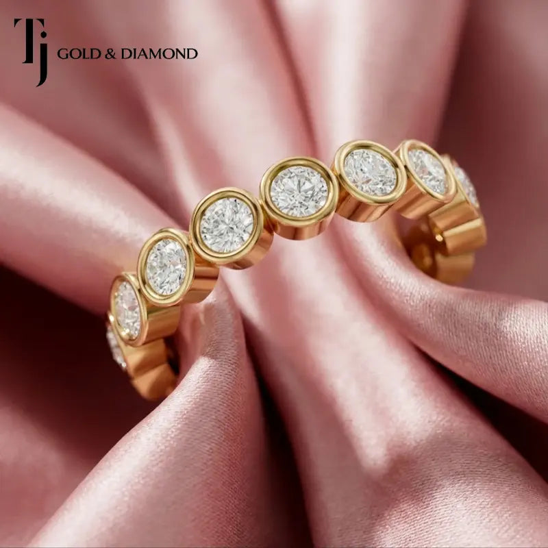 Luxury bezel setting full eternity diamond wedding band crafted in 18kt yellow gold with round brilliant lab-grown diamonds.