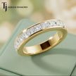 Top view of Channel Half Eternity diamond wedding band in 18kt yellow gold, showing princess cut diamonds set in channel