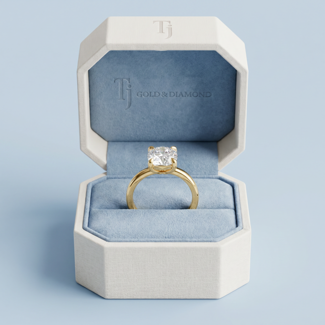 4-Claw Cushion Cut Solitaire Diamond Ring - Yellow Gold