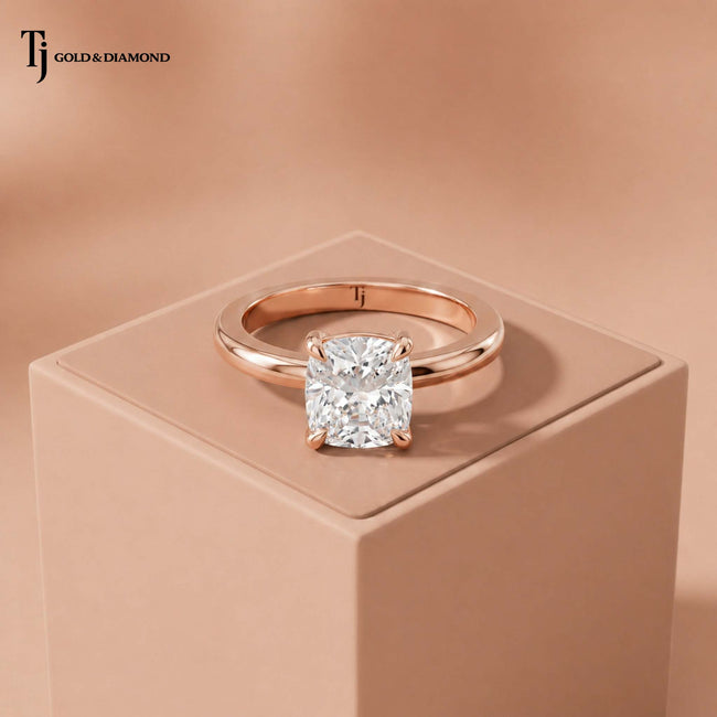 4-Claw Cushion Cut Solitaire Diamond Ring - Rose Gold