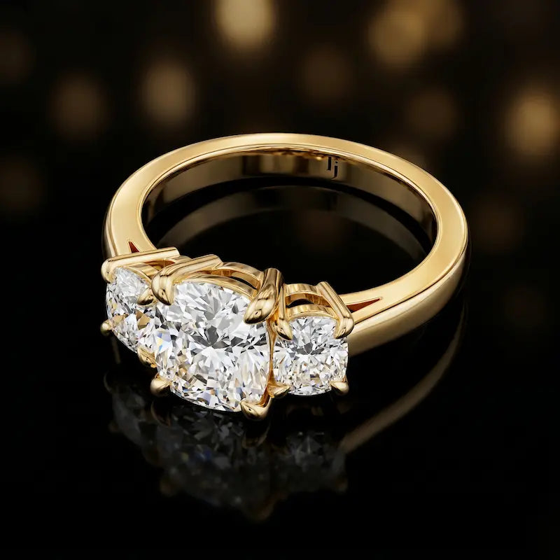 Angled view of a cushion-cut lab-grown diamond trilogy engagement ring in polished 18ct yellow gold.
