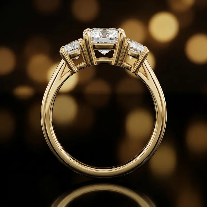 Side profile of a cushion-cut three-stone lab-grown diamond engagement ring in 18ct yellow gold, highlighting the elevated basket setting.