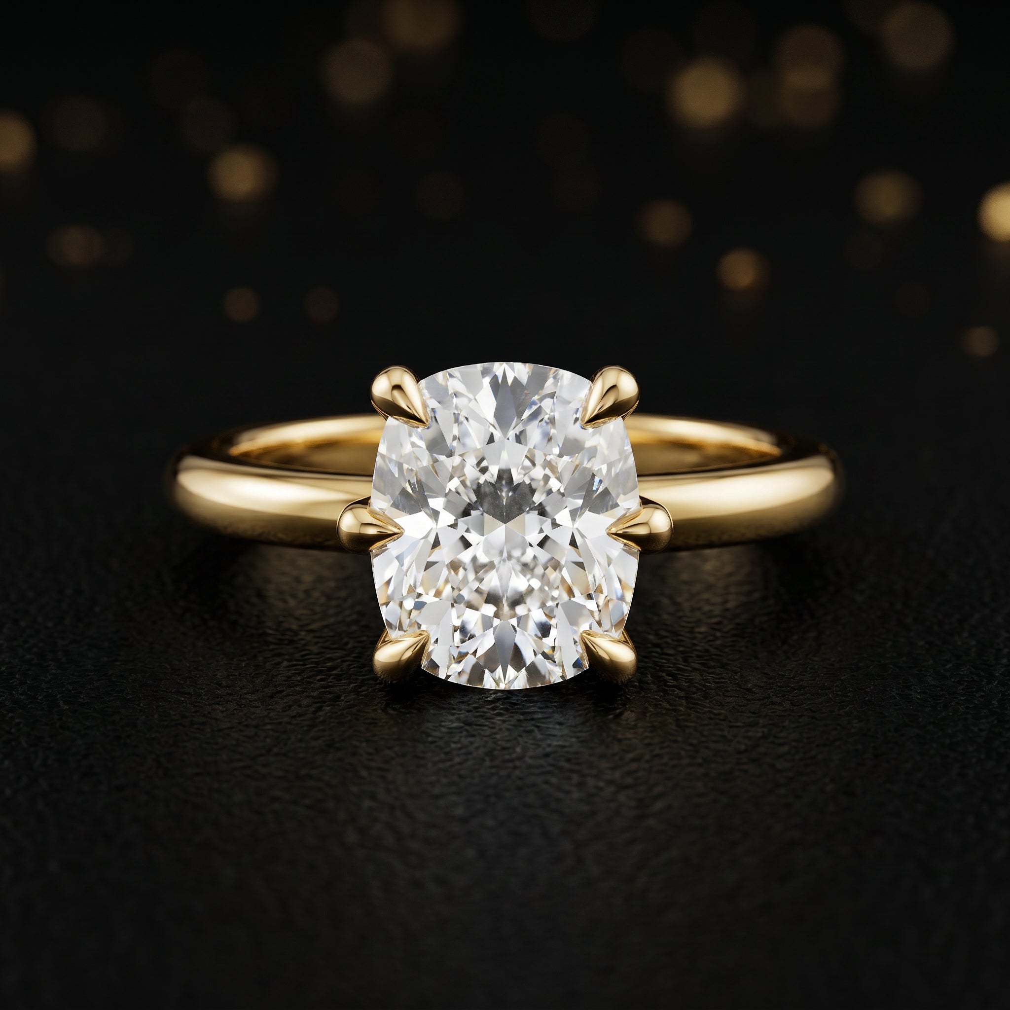 6-Claw Cushion Cut Solitaire Diamond Ring - Yellow Gold