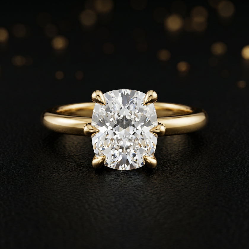 6-Claw Cushion Cut Solitaire Diamond Ring - Yellow Gold