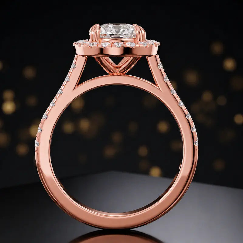Cushion cut halo lab-grown diamond engagement ring in 18kt rose gold – angled front view.