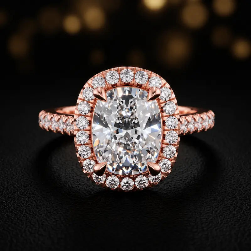 Close-up front view of a cushion cut halo lab-grown diamond engagement ring in 18kt rose gold.
