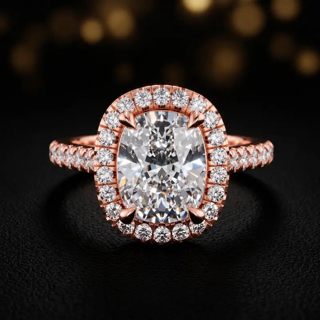 Close-up front view of a cushion cut halo lab-grown diamond engagement ring in 18kt rose gold.