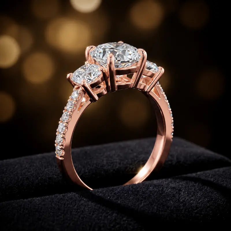 Angle view of a cushion cut three-stone diamond engagement ring in 18kt rose gold, with a cushion cut centre stone, two side stones, and diamond shoulders