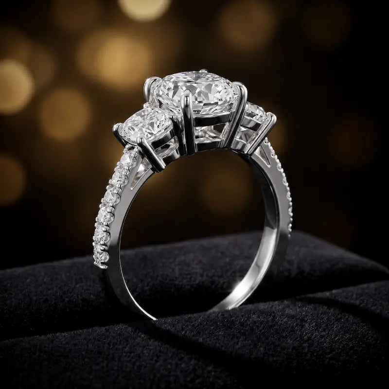 Angle view of a cushion cut three-stone diamond engagement ring in 18kt white gold, with a centre stone, two side stones, and diamond shoulders