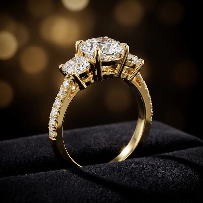 Angle view of a cushion cut three-stone lab-grown diamond engagement ring in 18kt yellow gold with diamond shoulders