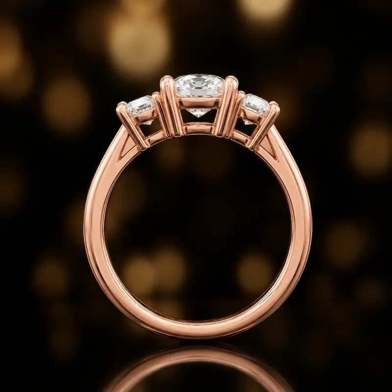 Side profile of a handcrafted cushion cut lab-grown diamond trilogy ring in 18kt rose gold showing the basket setting.