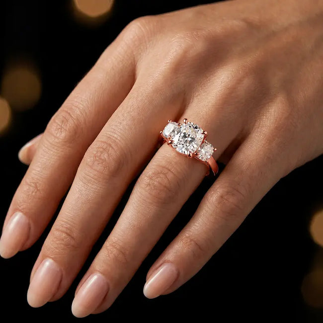 Model wearing a cushion cut lab-grown diamond trilogy ring in 18kt rose gold.