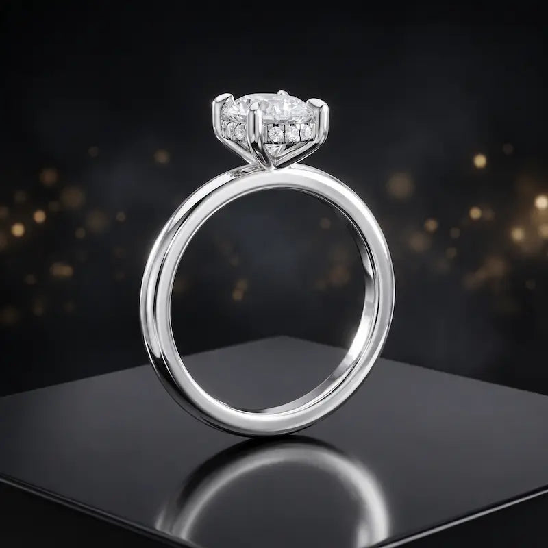 Front view of 4-claw cushion cut engagement ring with hidden halo in 18kt white gold

