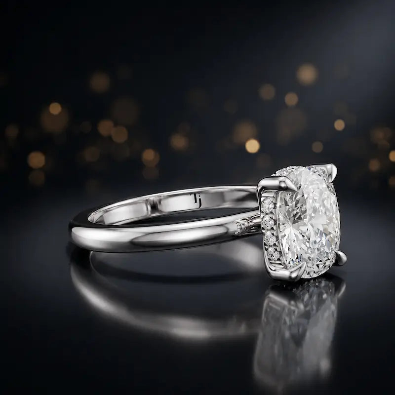 Angled view of 4-claw cushion cut engagement ring with hidden halo in 18kt white gold