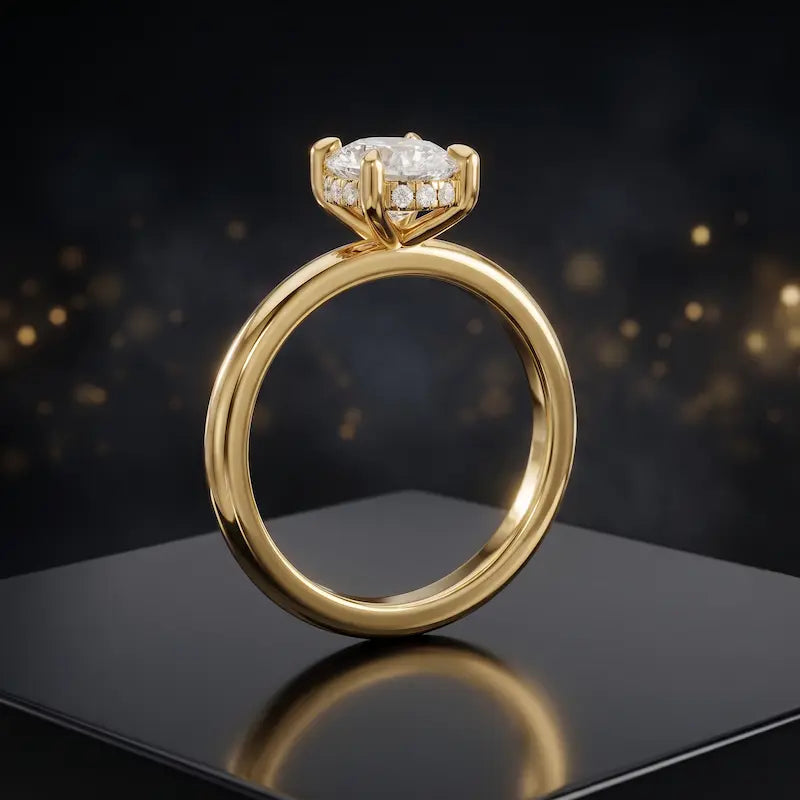 Front view of 4-claw cushion cut engagement ring with hidden halo in 18kt yellow gold