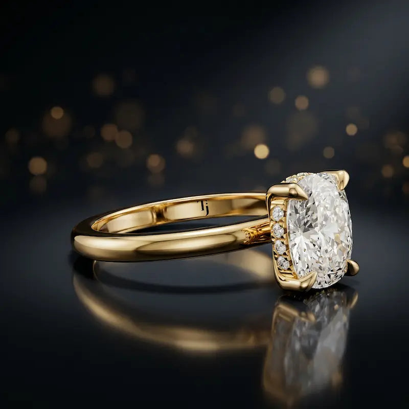 Angled view of 4-claw cushion cut engagement ring with hidden halo in 18kt yellow gold