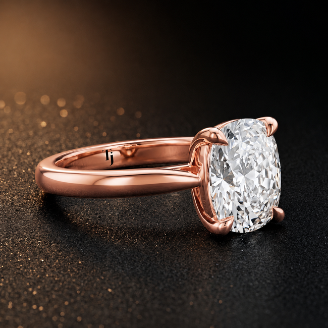 Anillo de diamantes solitario de talla cojín de 4 garras - Oro rosa