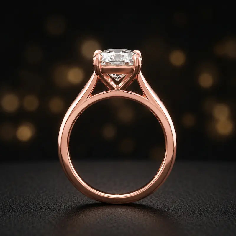 Front-on view of a 1.5 carat cushion cut diamond solitaire engagement ring showing the full 18kt rose gold band and 4 claw cathedral setting by TJ Diamond