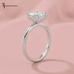  Raised side view of a 1.5 carat cushion cut lab-grown diamond solitaire engagement ring in 18kt white gold on satin