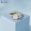  Front view of a 1.5 carat cushion cut lab-grown diamond solitaire engagement ring in 18kt yellow gold with a 4-claw setting