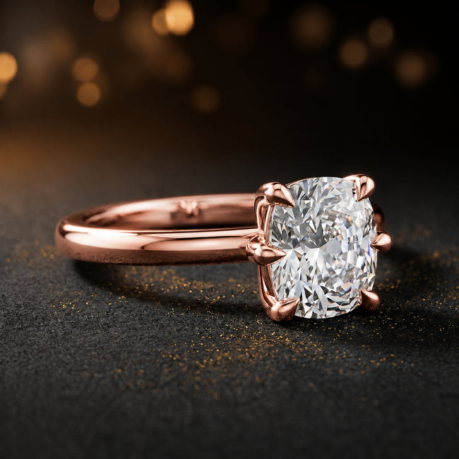 Anillo de diamantes solitario de talla cojín de 6 garras - Oro rosa