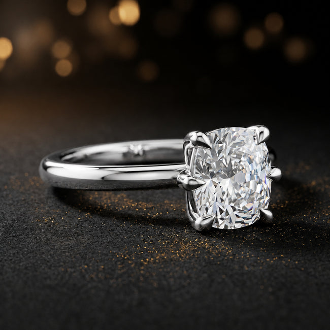 Anillo de diamantes solitario de talla cojín de 6 garras - Oro blanco