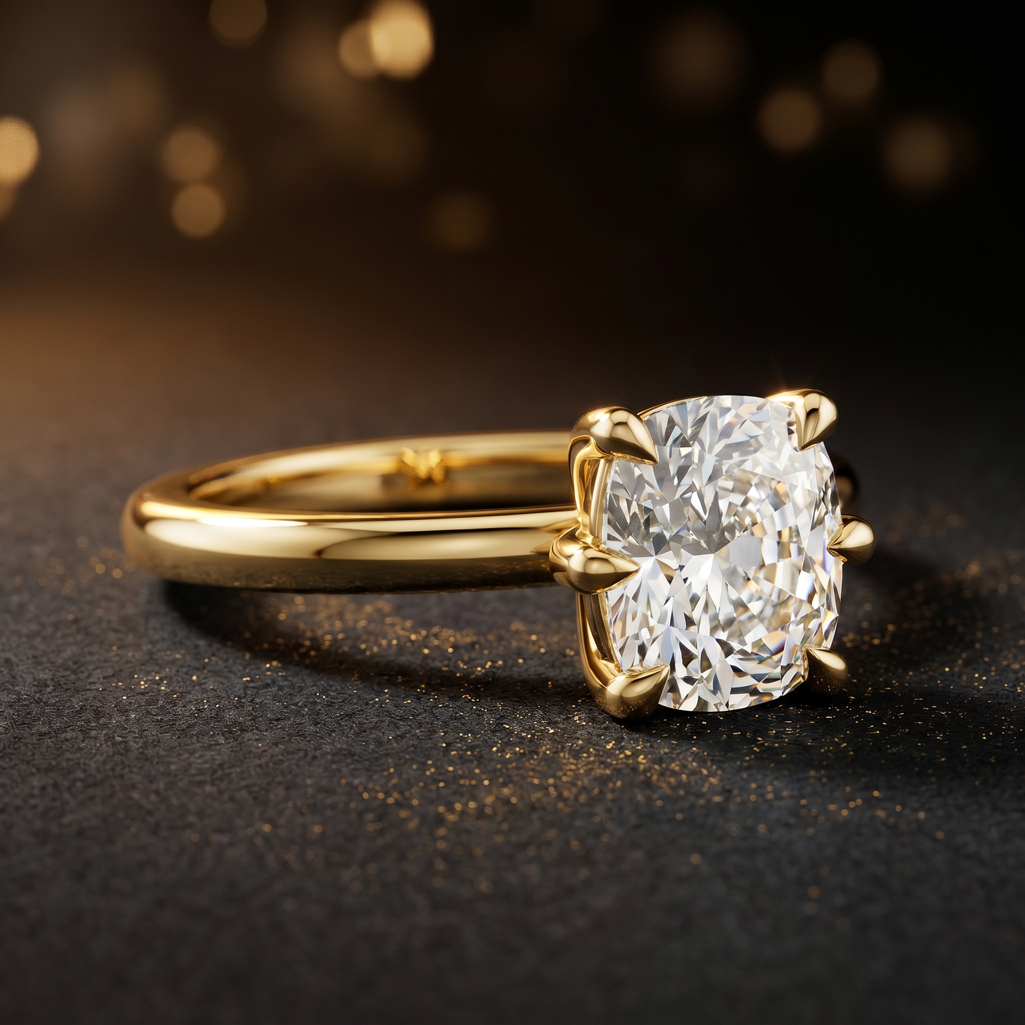 6-Claw Cushion Cut Solitaire Diamond Ring - Yellow Gold