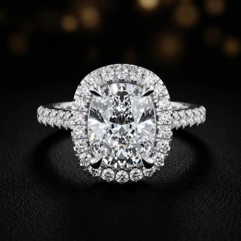 Front view of a cushion cut halo lab-grown diamond engagement ring in 18kt white gold.