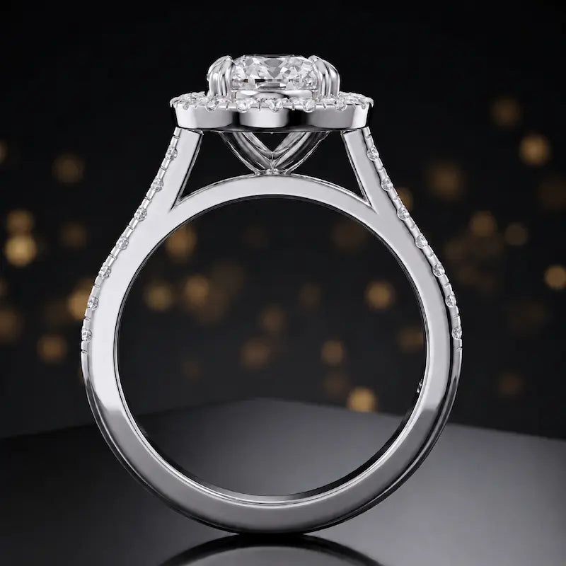 Side view of a cushion cut halo lab-grown diamond engagement ring with diamond-set shoulders in 18kt white gold.