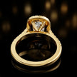 Rear View of a Cushion cut halo lab-grown diamond engagement ring in 18kt yellow gold.