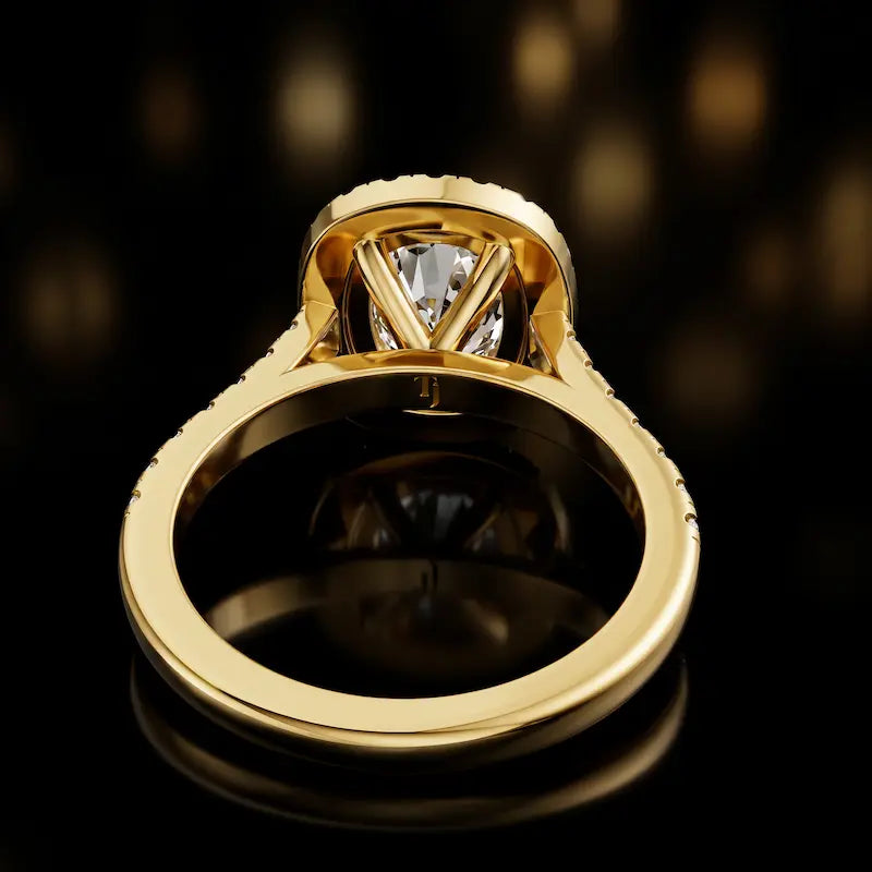 Rear View of a Cushion cut halo lab-grown diamond engagement ring in 18kt yellow gold.