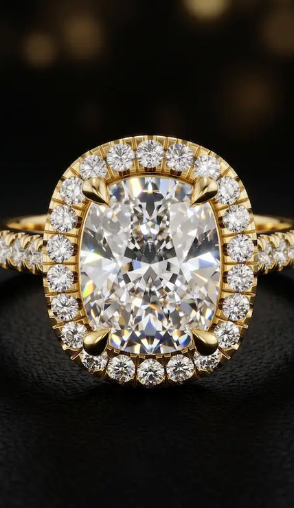Front view of a cushion cut halo lab-grown diamond engagement ring in 18kt yellow gold.